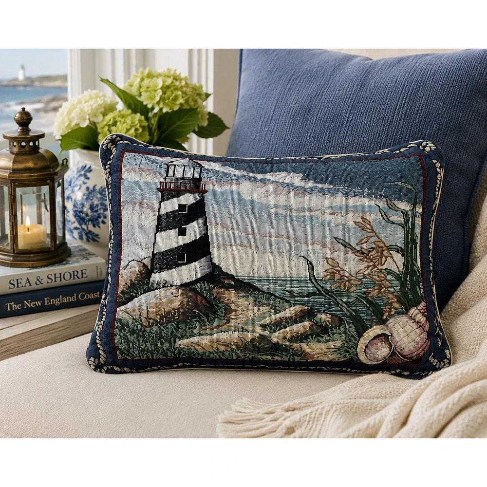 Woven Light House Ropes Sea Shore Blue Tapestry Pillow 17